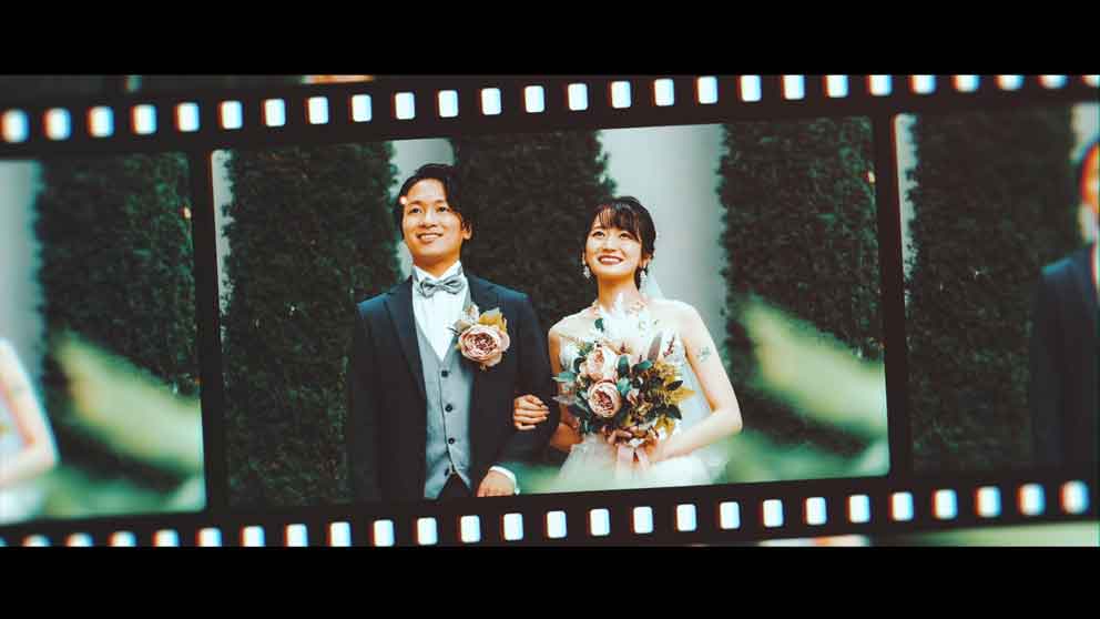 オープニングムービーTEASER：テロップ間に新郎新婦の写真を盛り込み予告風演出する画像